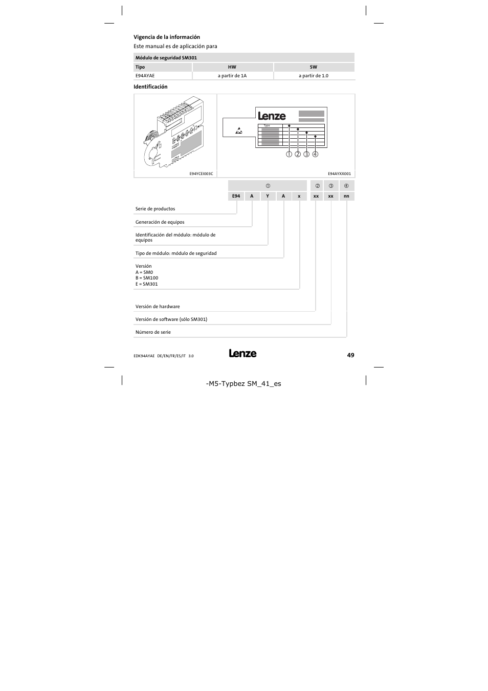 Vigencia de la información | Lenze E94AYAE SM301 User Manual | Page 49 / 74