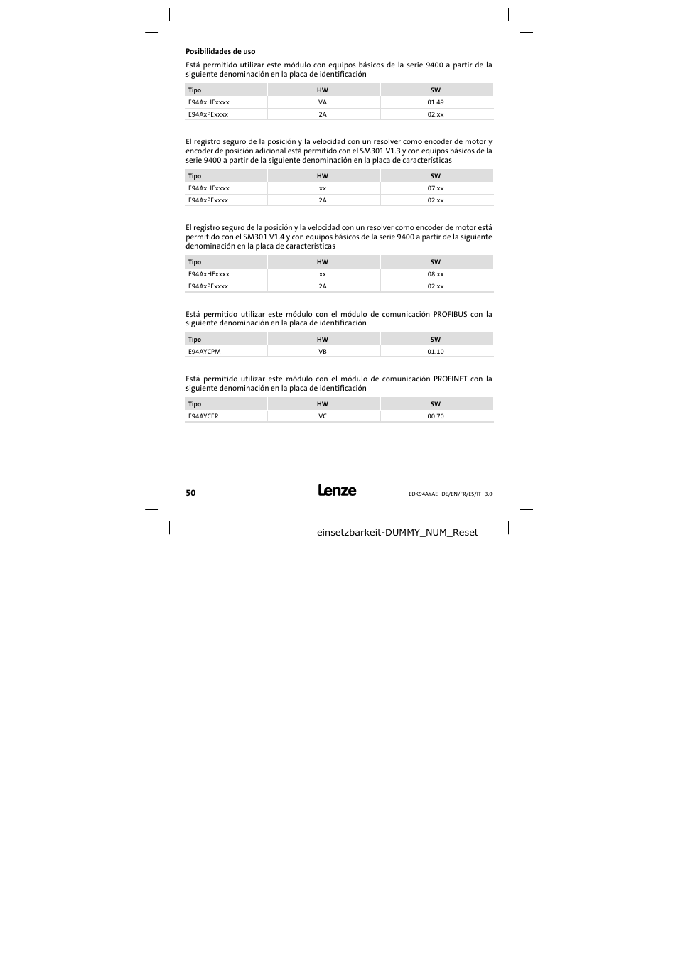 Posibilidades de uso | Lenze E94AYAE SM301 User Manual | Page 50 / 74