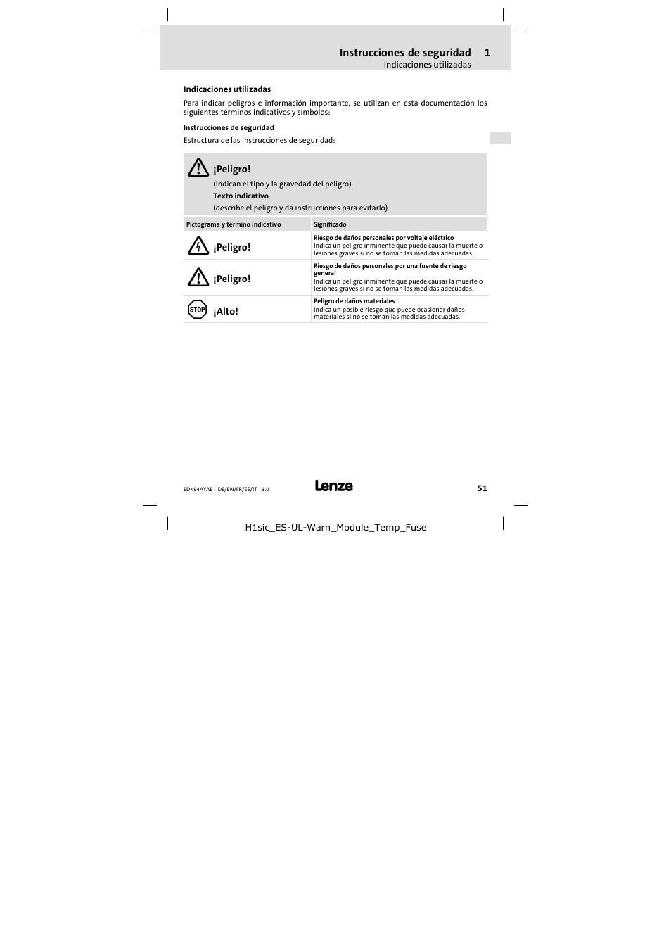 1 instrucciones de seguridad, Indicaciones utilizadas | Lenze E94AYAE SM301 User Manual | Page 51 / 74