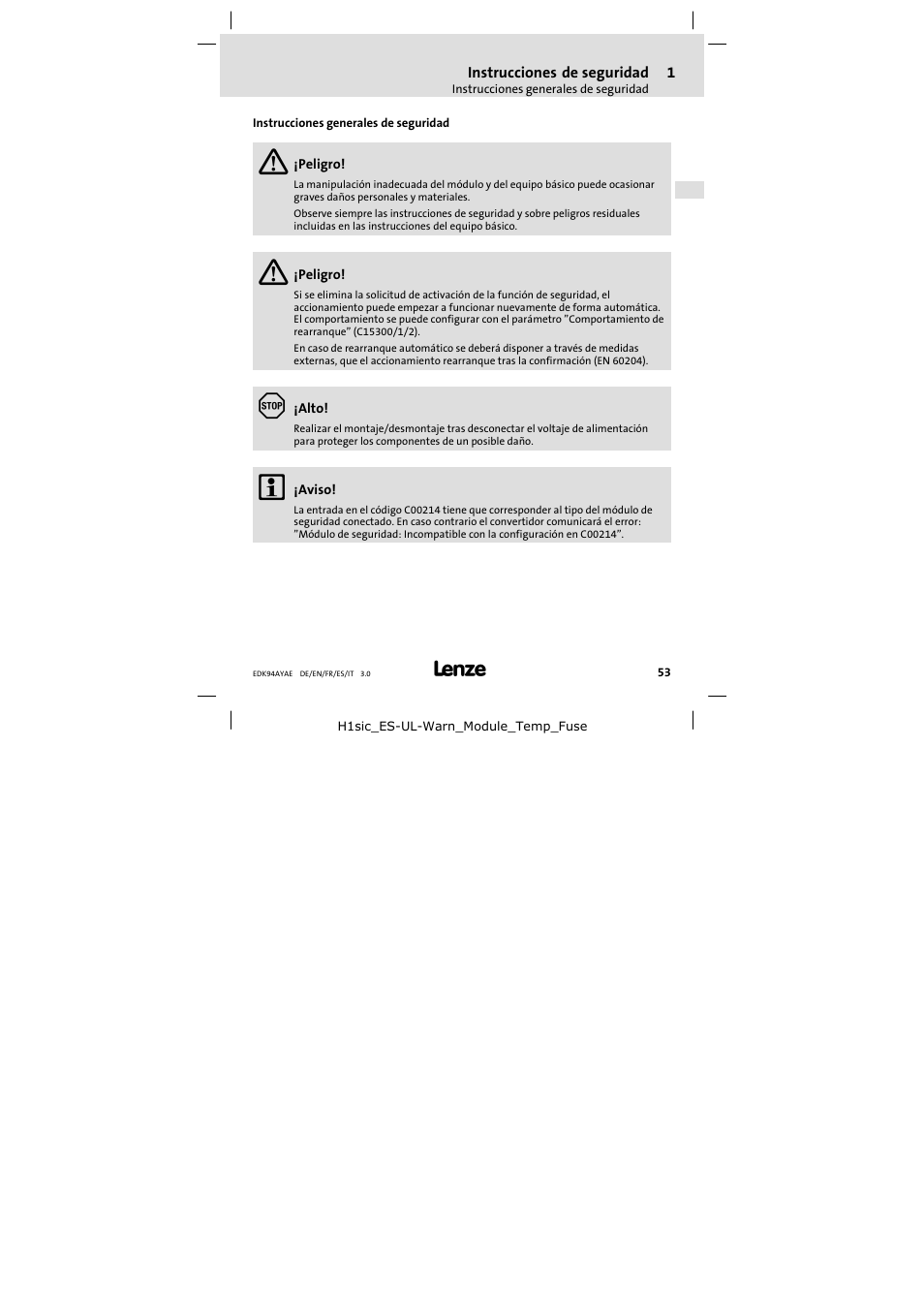 Instrucciones generales de seguridad | Lenze E94AYAE SM301 User Manual | Page 53 / 74