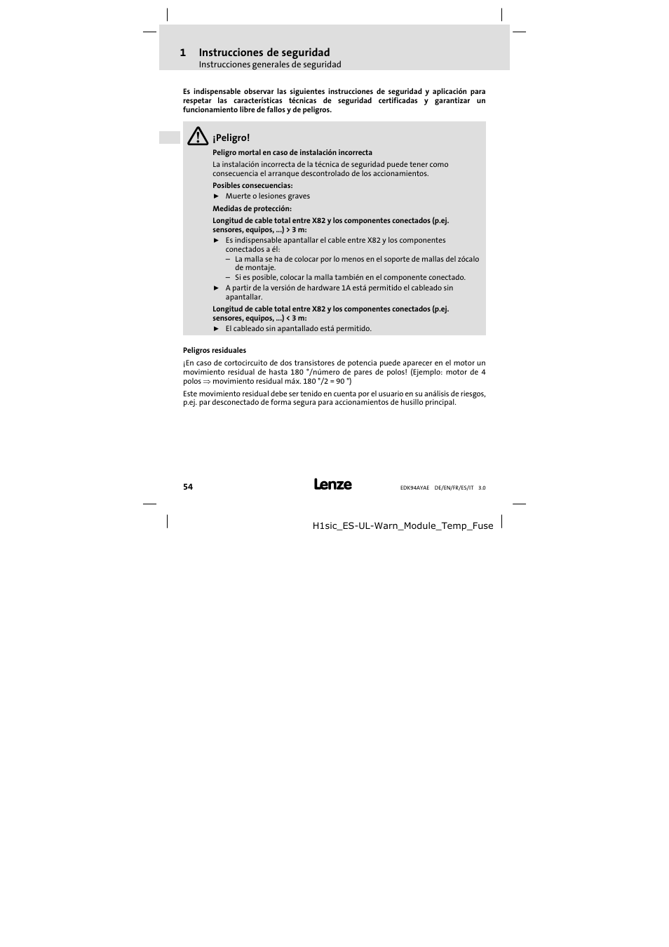 1instrucciones de seguridad | Lenze E94AYAE SM301 User Manual | Page 54 / 74