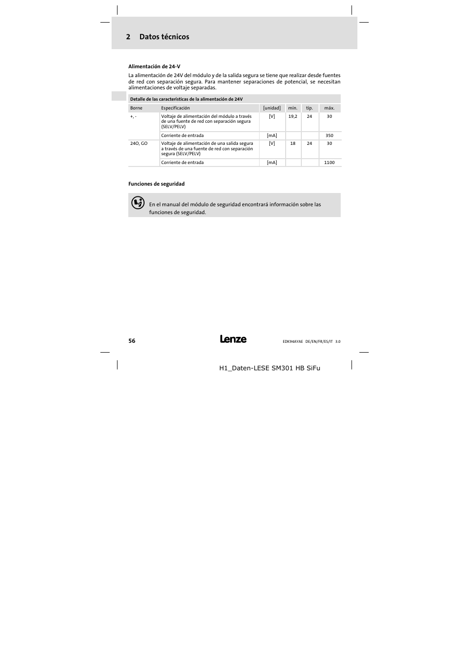 2 datos técnicos, 2datos técnicos | Lenze E94AYAE SM301 User Manual | Page 56 / 74