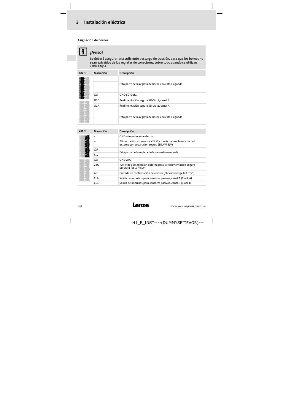 3instalación eléctrica, Aviso | Lenze E94AYAE SM301 User Manual | Page 58 / 74