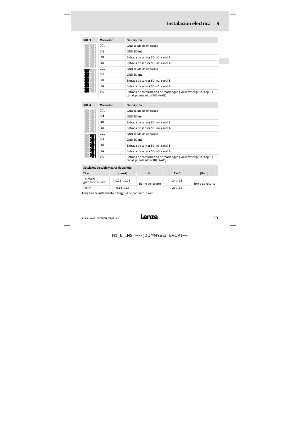 Instalación eléctrica 3 | Lenze E94AYAE SM301 User Manual | Page 59 / 74