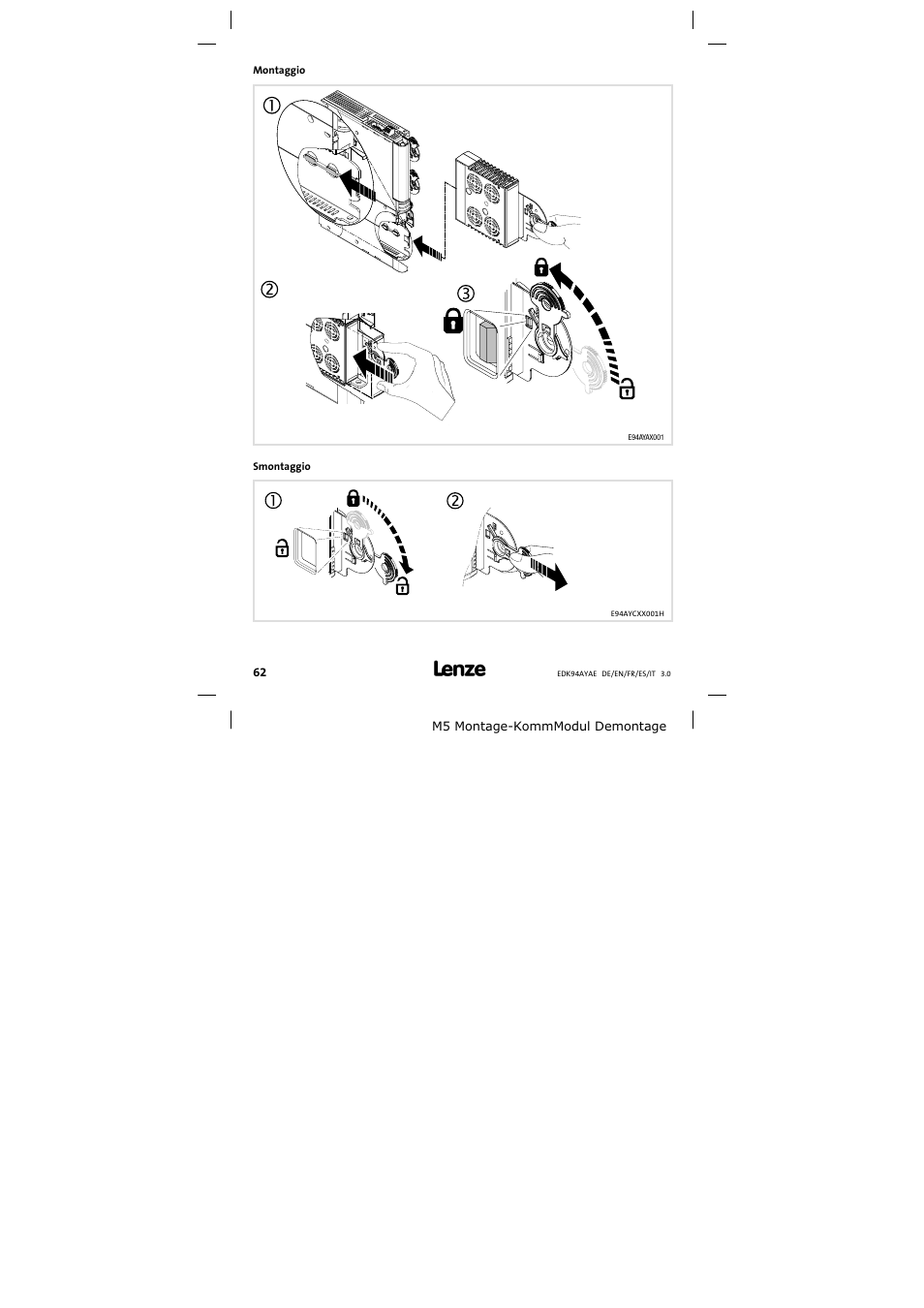 Montaggio | Lenze E94AYAE SM301 User Manual | Page 62 / 74