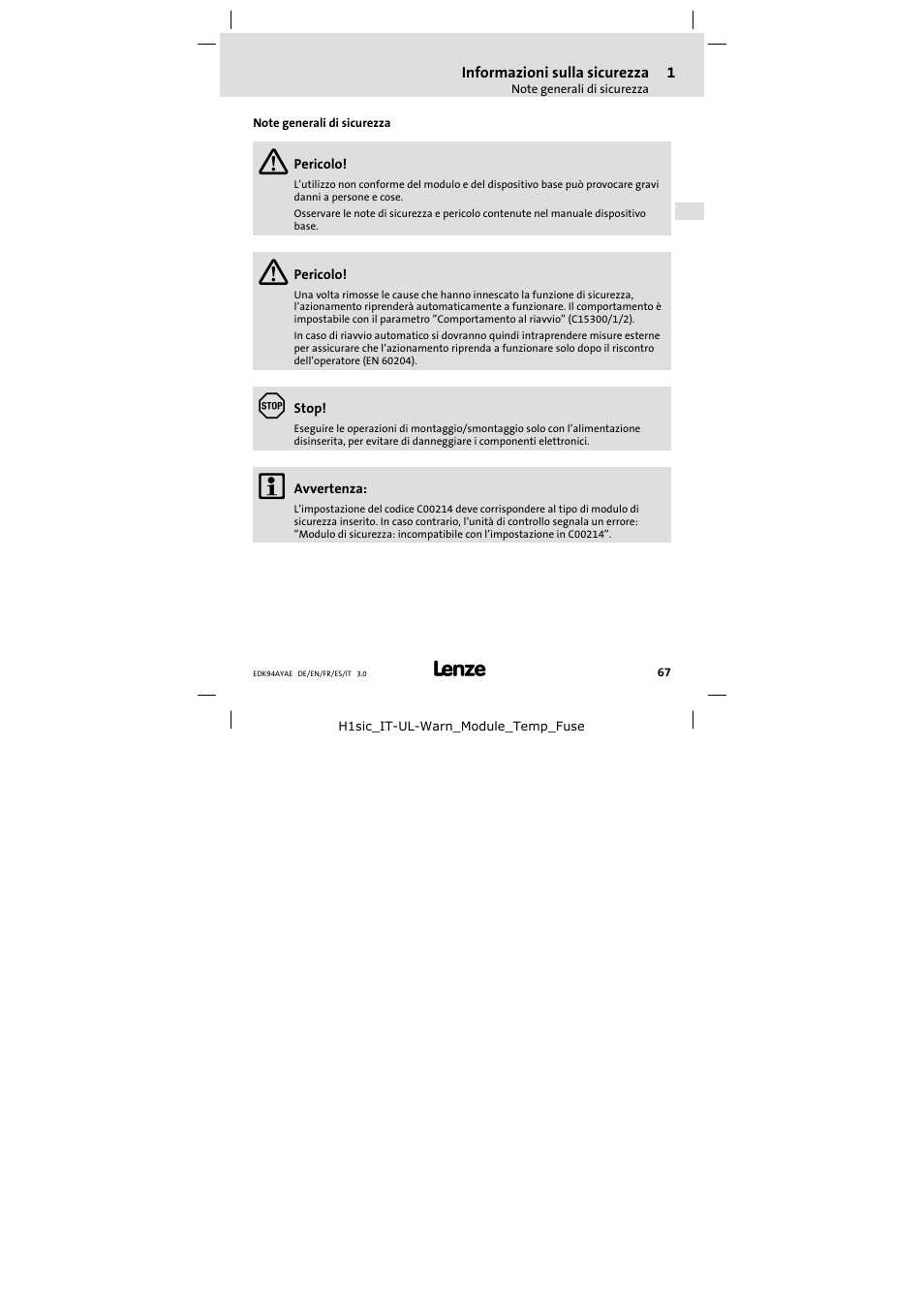 Note generali di sicurezza | Lenze E94AYAE SM301 User Manual | Page 67 / 74