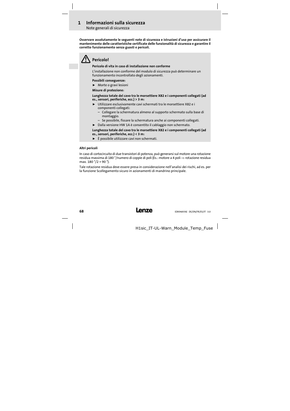 1informazioni sulla sicurezza | Lenze E94AYAE SM301 User Manual | Page 68 / 74