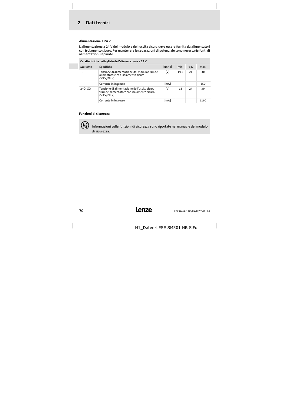 2 dati tecnici, 2dati tecnici | Lenze E94AYAE SM301 User Manual | Page 70 / 74