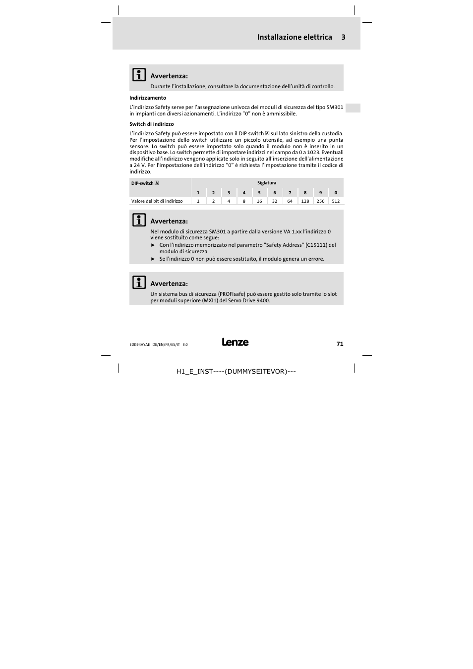 3 installazione elettrica, Installazione elettrica 3 | Lenze E94AYAE SM301 User Manual | Page 71 / 74