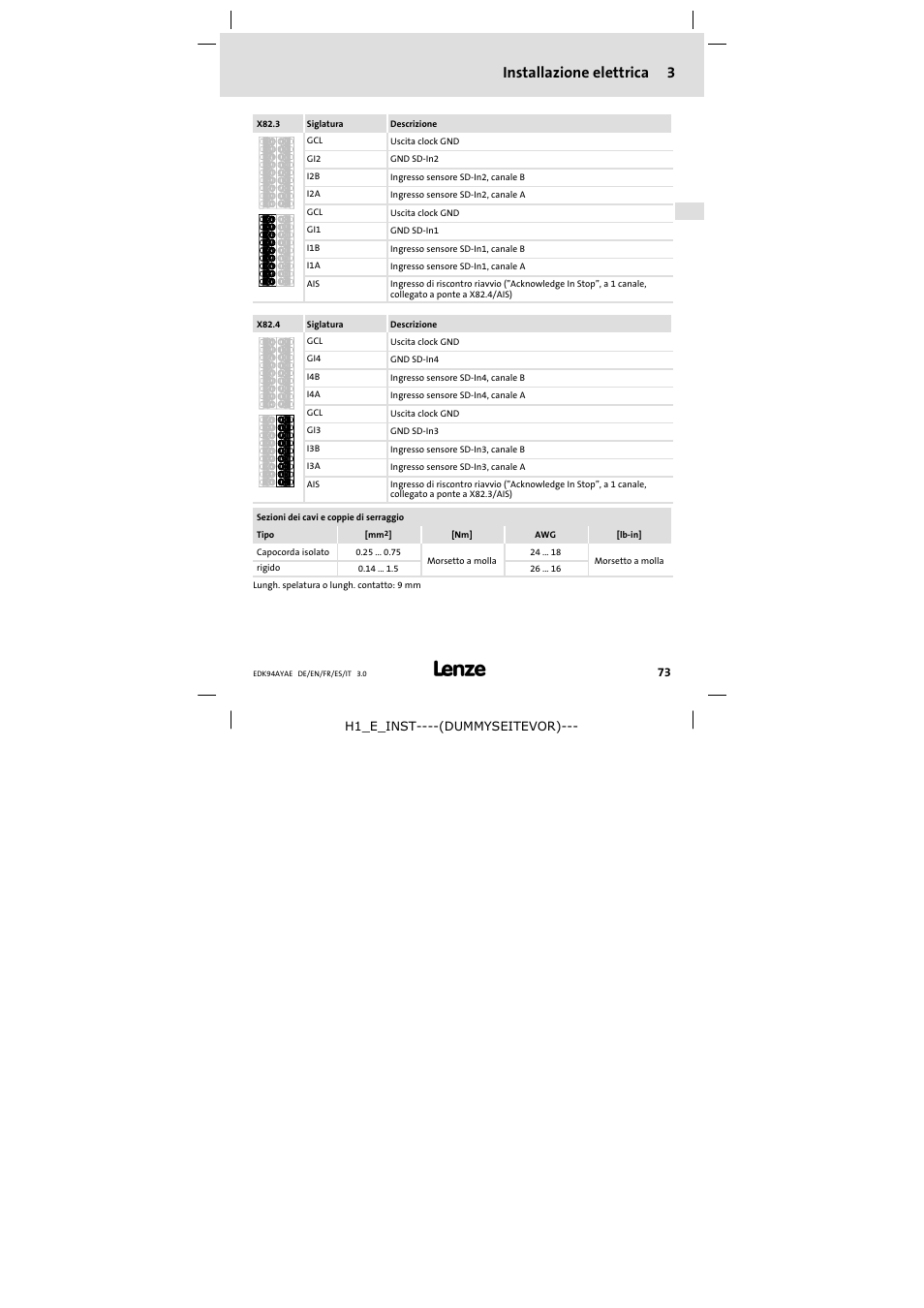 Installazione elettrica 3 | Lenze E94AYAE SM301 User Manual | Page 73 / 74