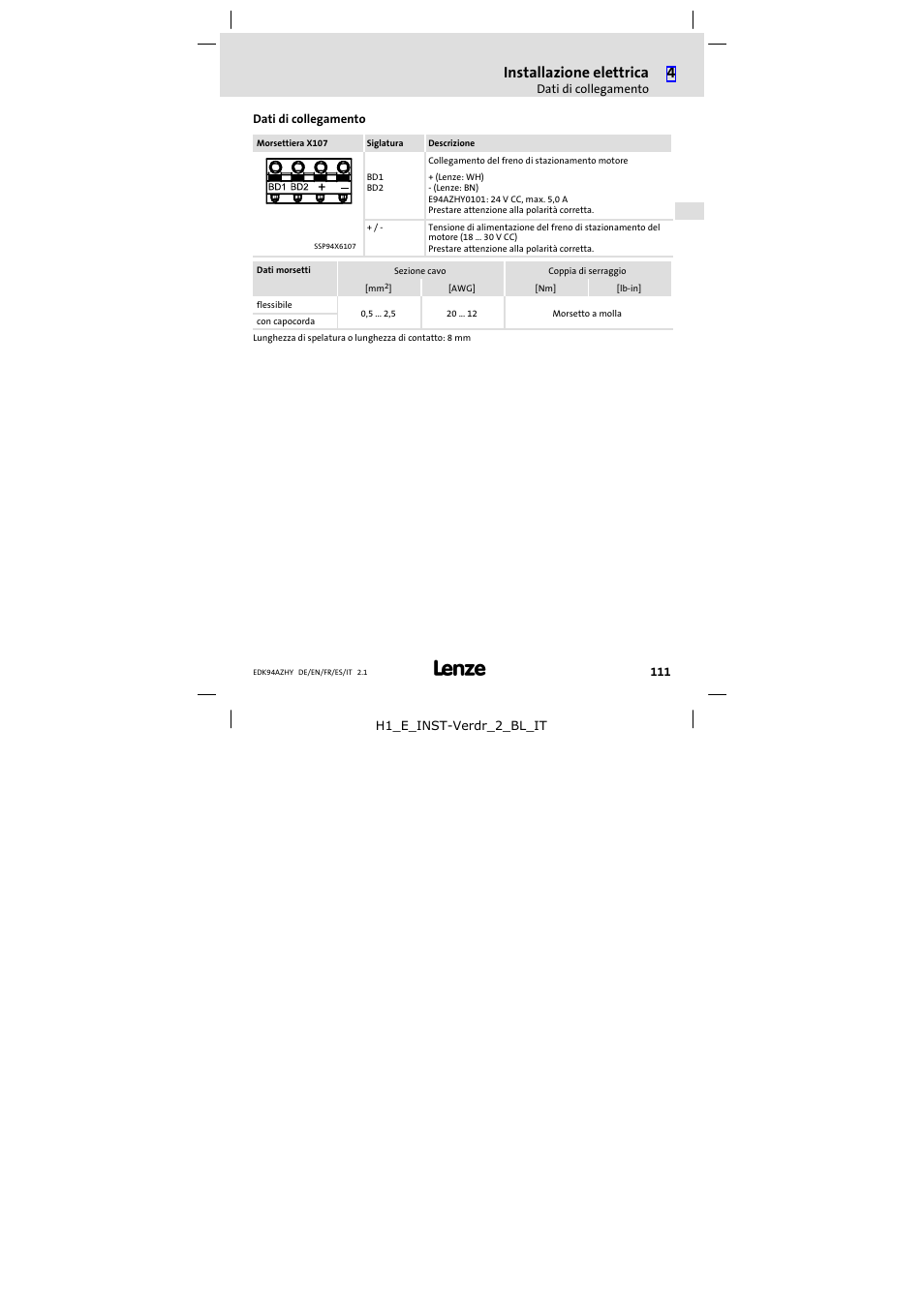 Dati di collegamento, Installazione elettrica | Lenze E94AZHY0101 User Manual | Page 111 / 114