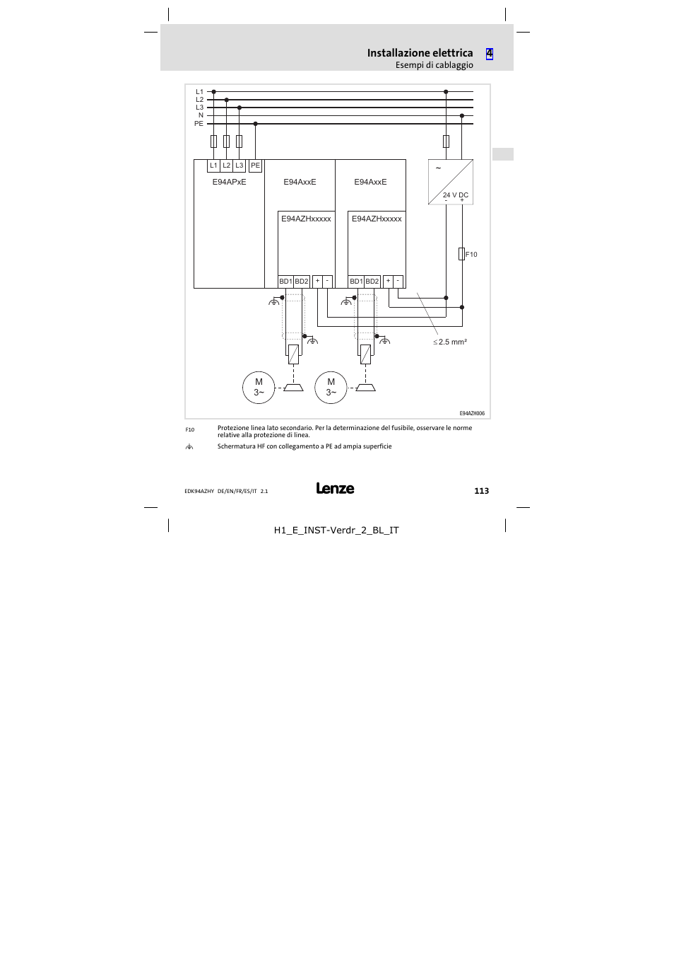 Installazione elettrica | Lenze E94AZHY0101 User Manual | Page 113 / 114