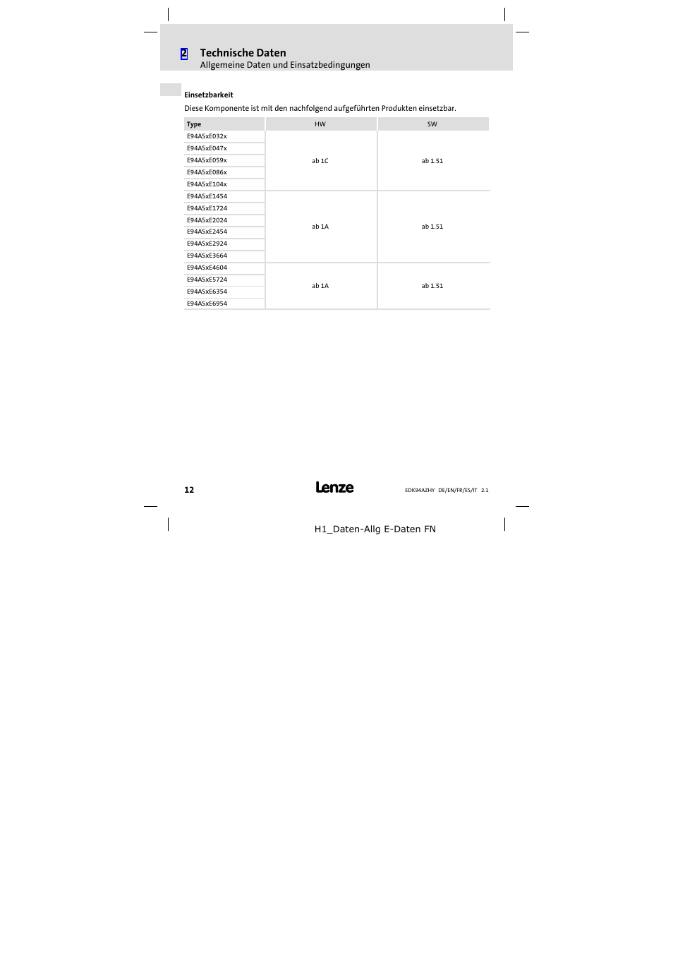 2technische daten | Lenze E94AZHY0101 User Manual | Page 12 / 114
