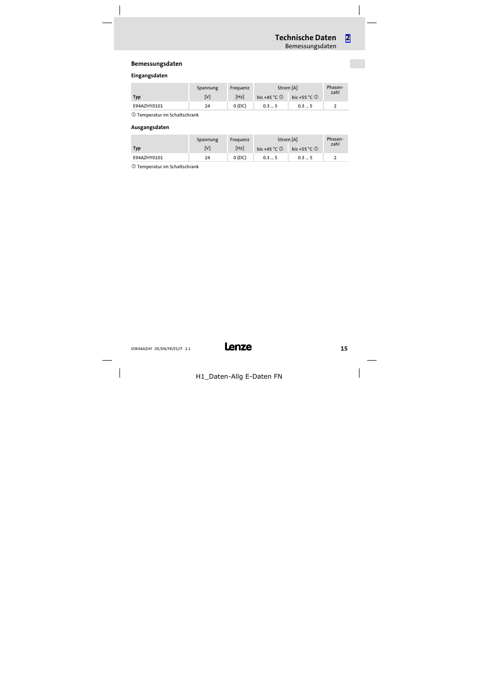 Bemessungsdaten, Technische daten | Lenze E94AZHY0101 User Manual | Page 15 / 114