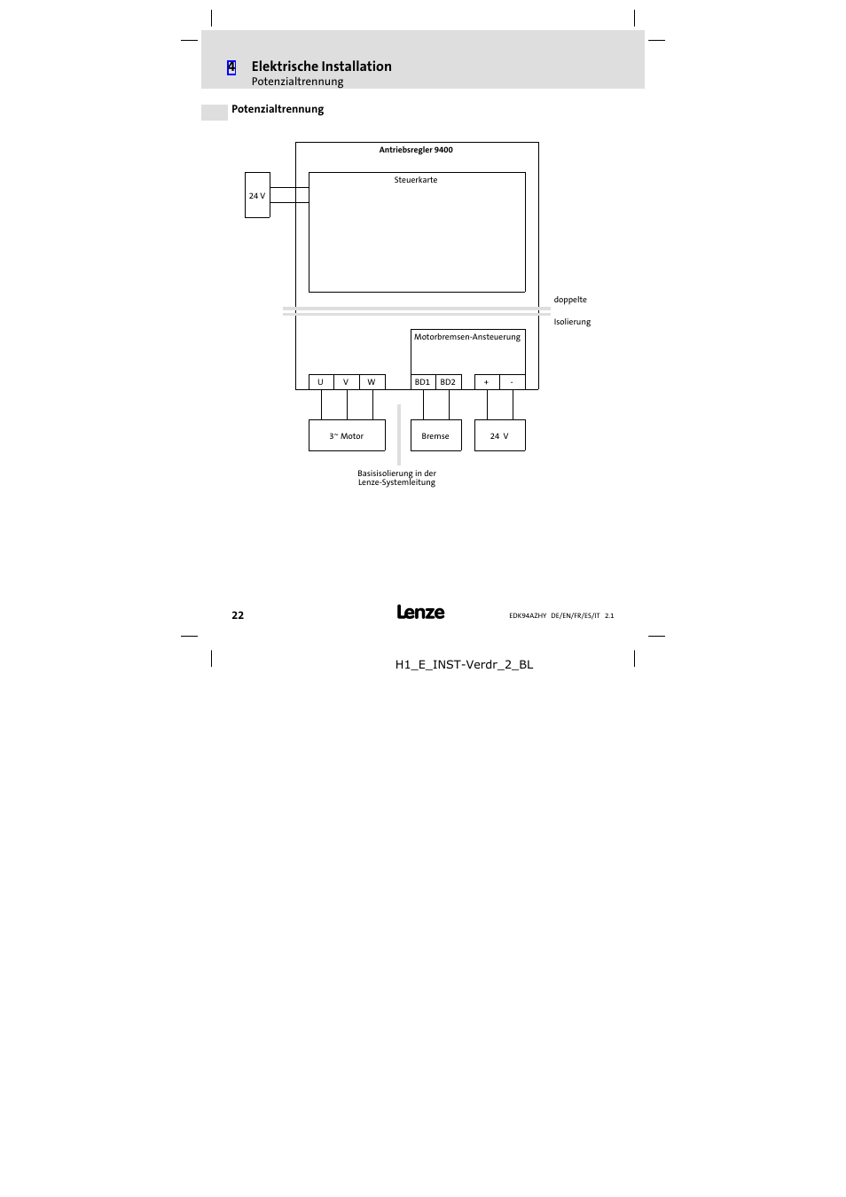 Potenzialtrennung, Potenzialtrennung 22, 4elektrische installation | Lenze E94AZHY0101 User Manual | Page 22 / 114