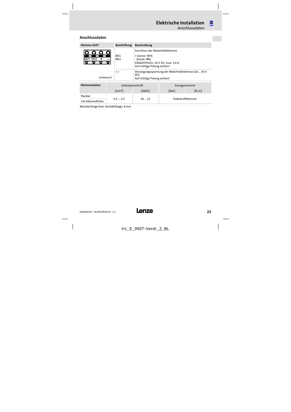 Anschlussdaten, Elektrische installation | Lenze E94AZHY0101 User Manual | Page 23 / 114