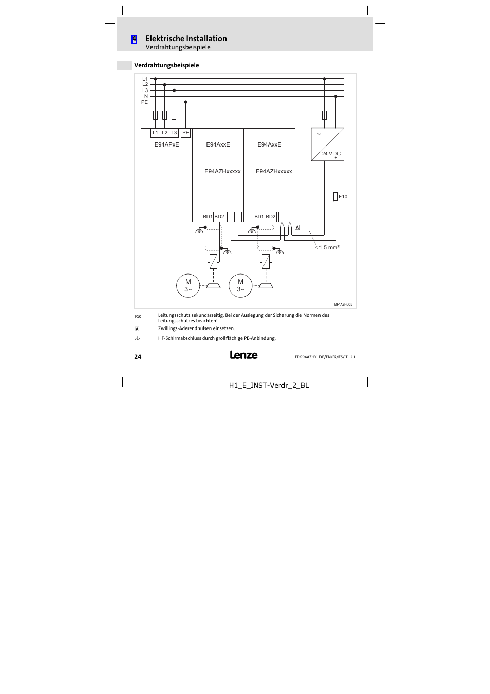 Verdrahtungsbeispiele, 4elektrische installation | Lenze E94AZHY0101 User Manual | Page 24 / 114