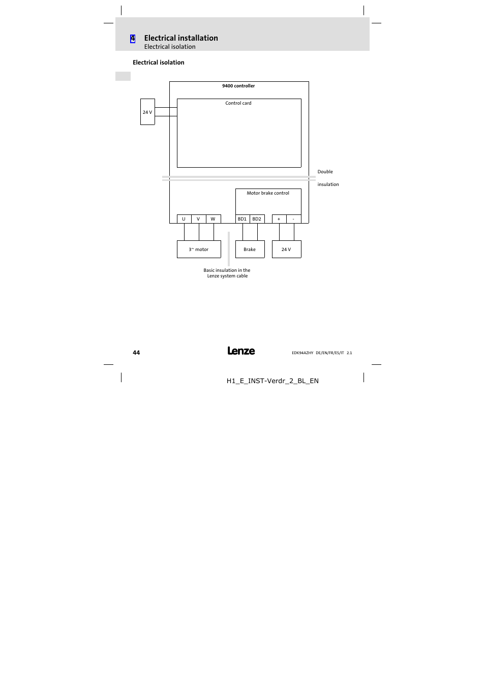 Electrical isolation, 4electrical installation | Lenze E94AZHY0101 User Manual | Page 44 / 114