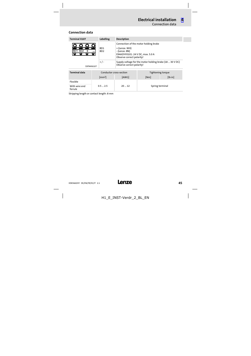 Connection data, Electrical installation | Lenze E94AZHY0101 User Manual | Page 45 / 114
