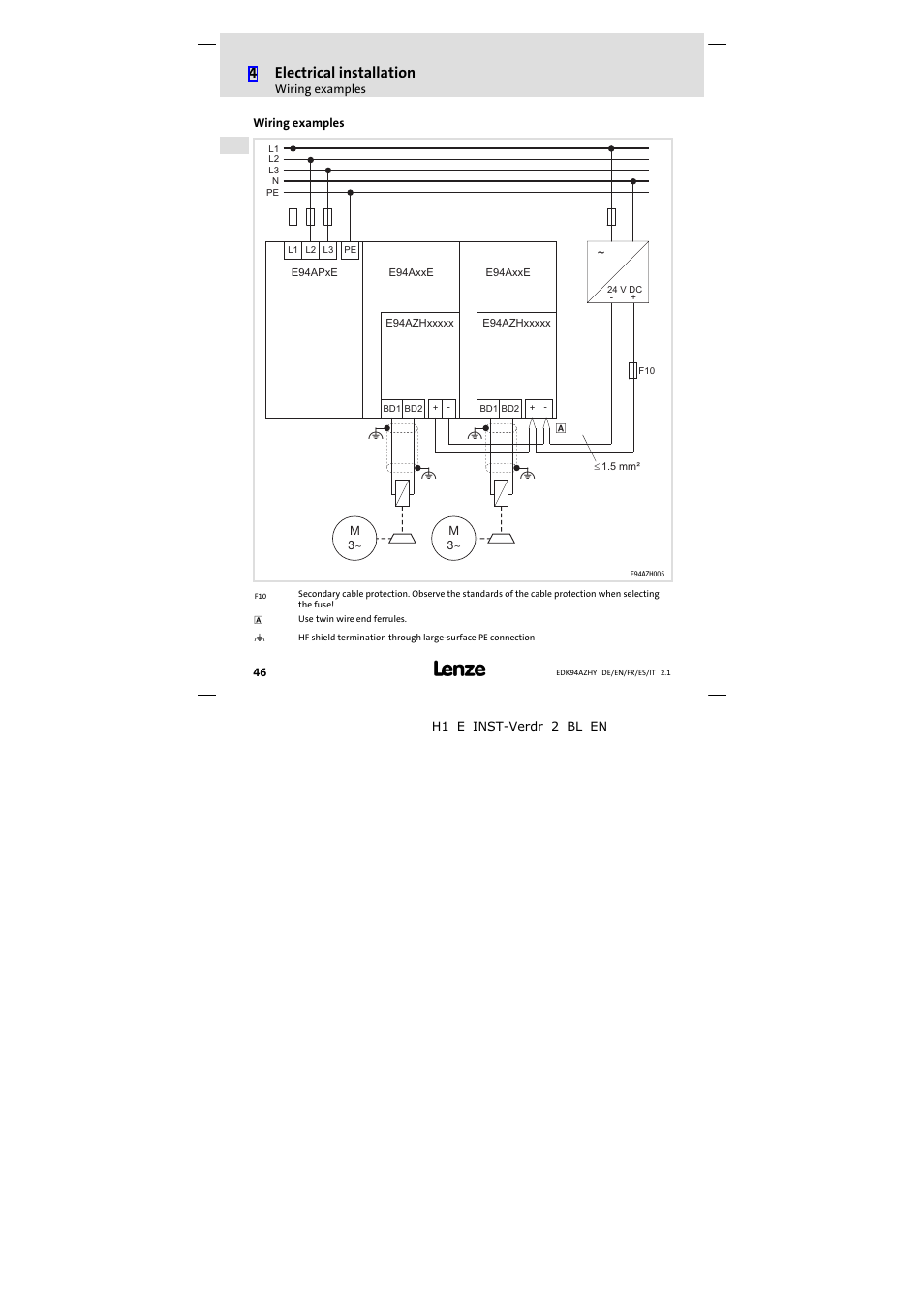 Wiring examples, 4electrical installation | Lenze E94AZHY0101 User Manual | Page 46 / 114
