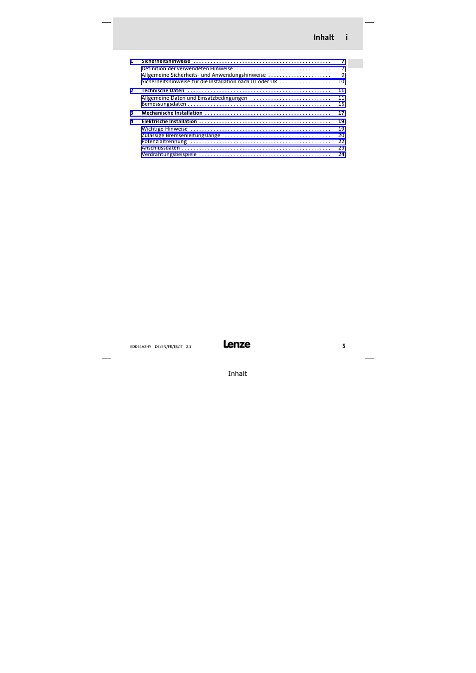 Inhalt, Inhalt i | Lenze E94AZHY0101 User Manual | Page 5 / 114