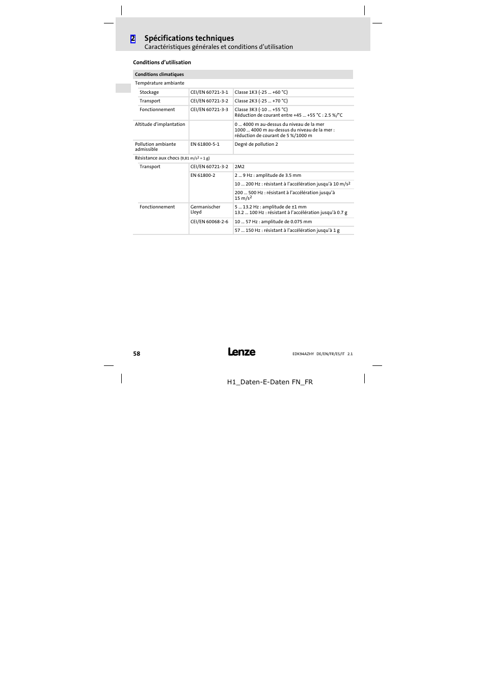 2spécifications techniques | Lenze E94AZHY0101 User Manual | Page 58 / 114