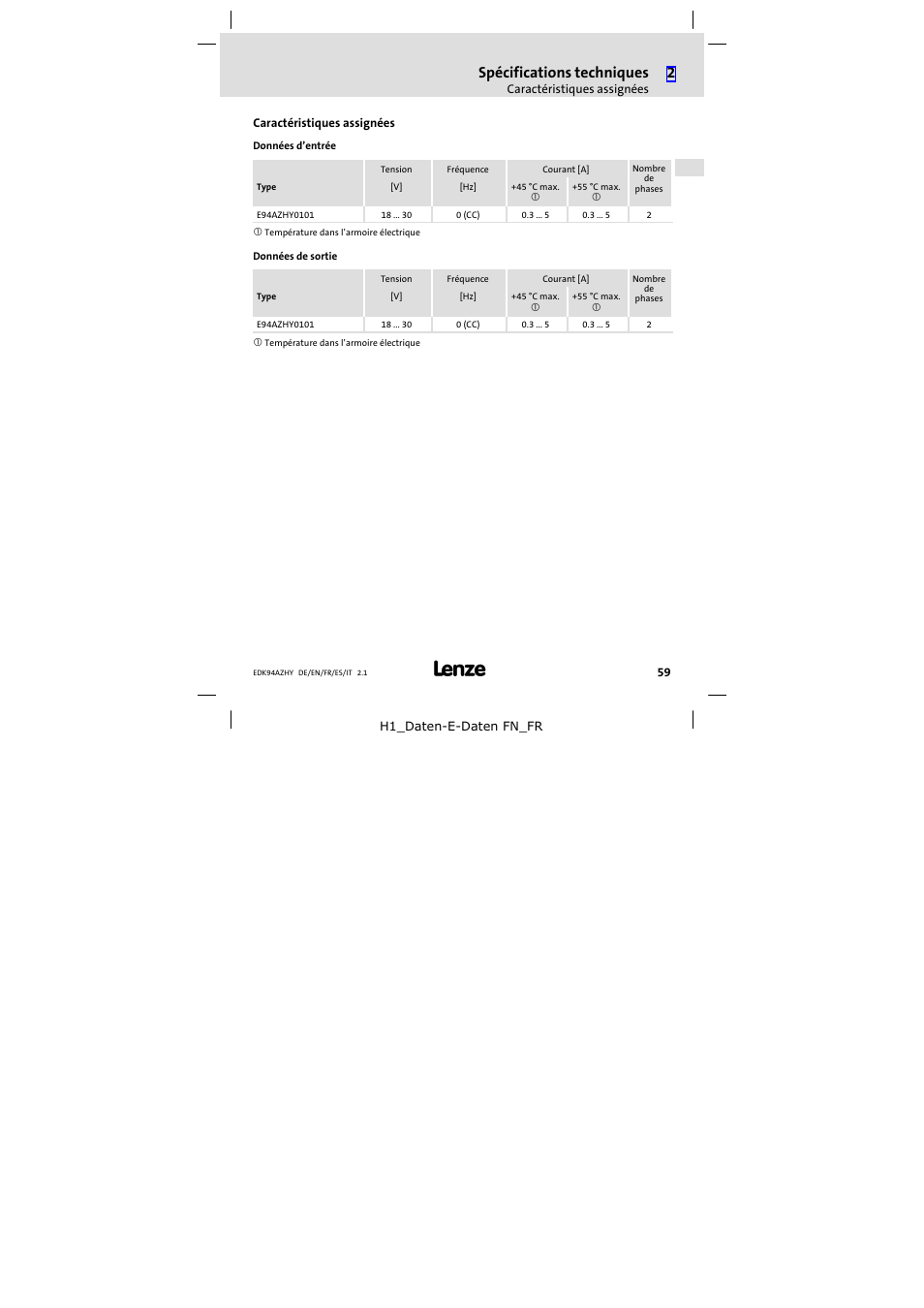 Caractéristiques assignées, Spécifications techniques | Lenze E94AZHY0101 User Manual | Page 59 / 114
