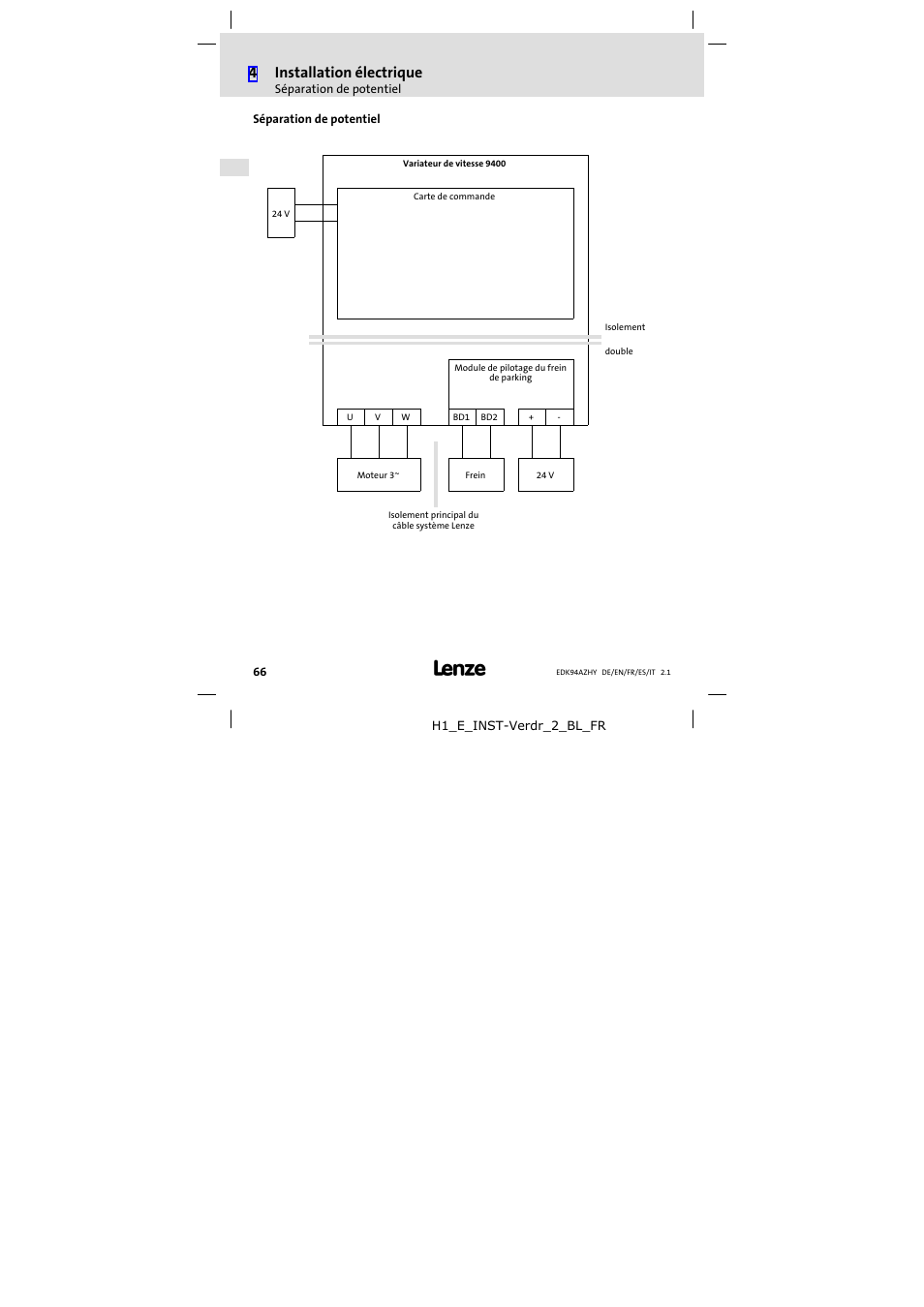Séparation de potentiel, 4installation électrique | Lenze E94AZHY0101 User Manual | Page 66 / 114