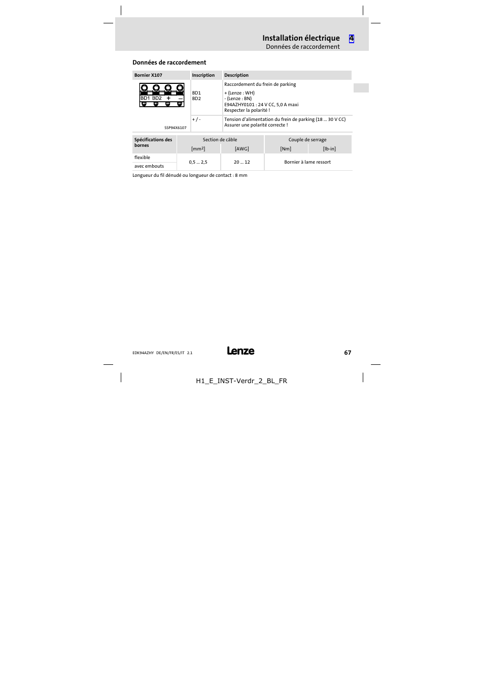 Données de raccordement, Installation électrique | Lenze E94AZHY0101 User Manual | Page 67 / 114