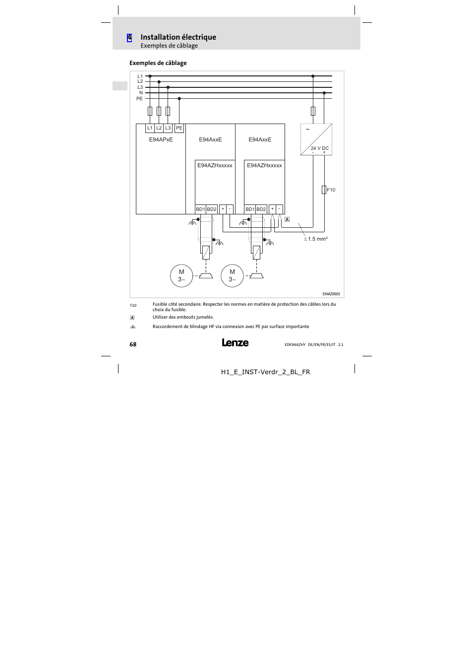 Exemples de câblage, 4installation électrique | Lenze E94AZHY0101 User Manual | Page 68 / 114