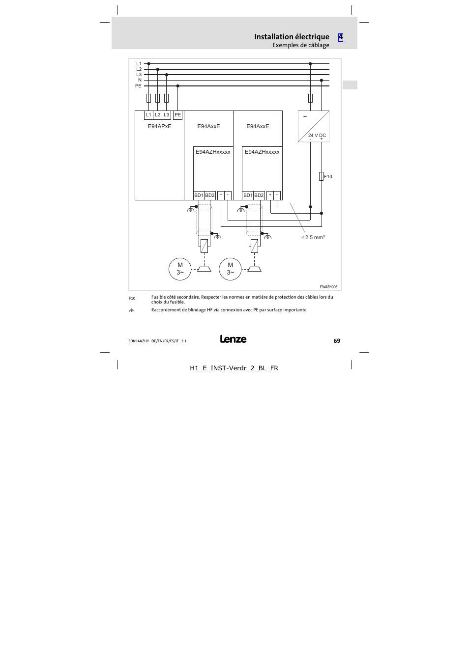 Installation électrique | Lenze E94AZHY0101 User Manual | Page 69 / 114