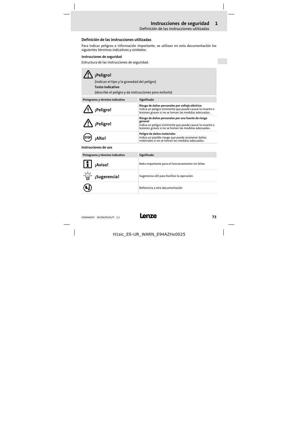 1 instrucciones de seguridad, Definición de las instrucciones utilizadas, Instrucciones de seguridad | Lenze E94AZHY0101 User Manual | Page 73 / 114