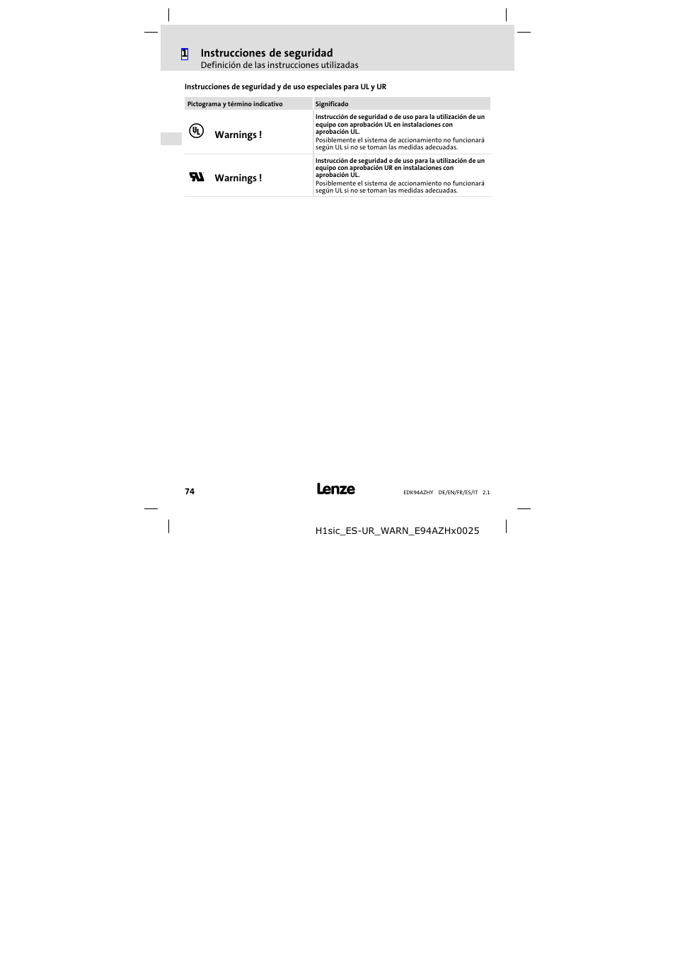 Lenze E94AZHY0101 User Manual | Page 74 / 114