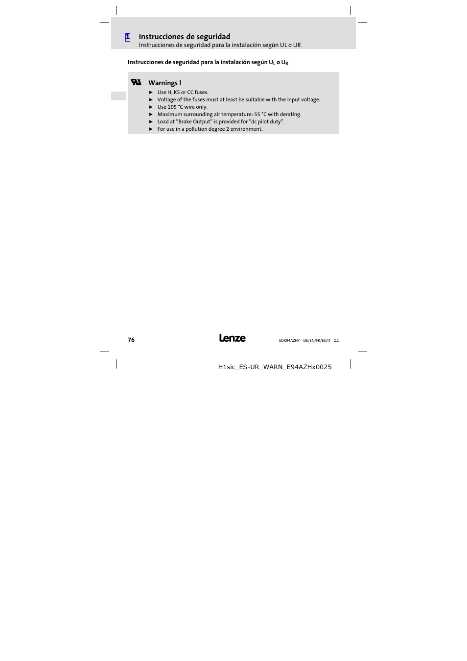 1instrucciones de seguridad | Lenze E94AZHY0101 User Manual | Page 76 / 114