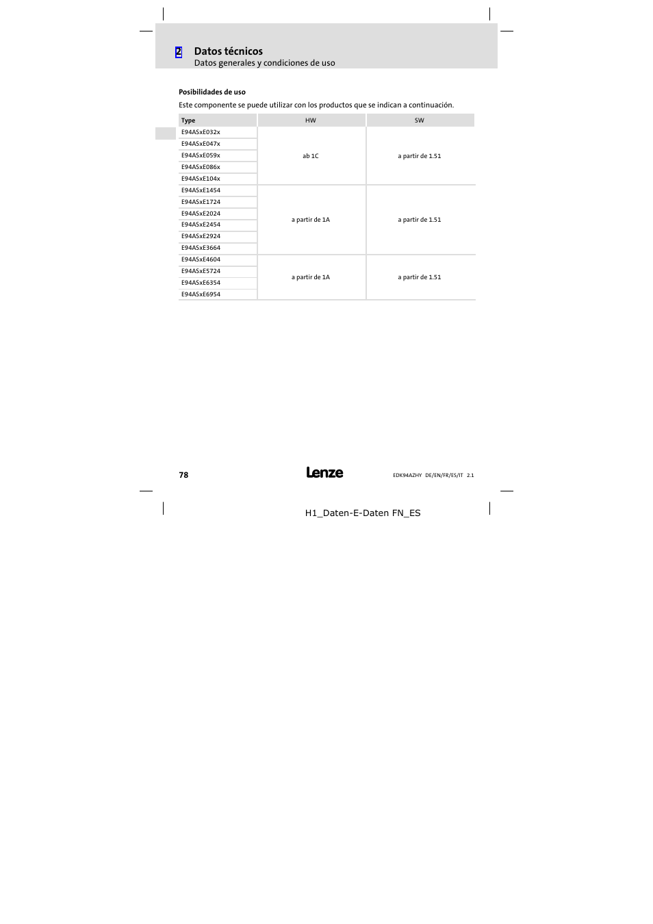 2datos técnicos | Lenze E94AZHY0101 User Manual | Page 78 / 114
