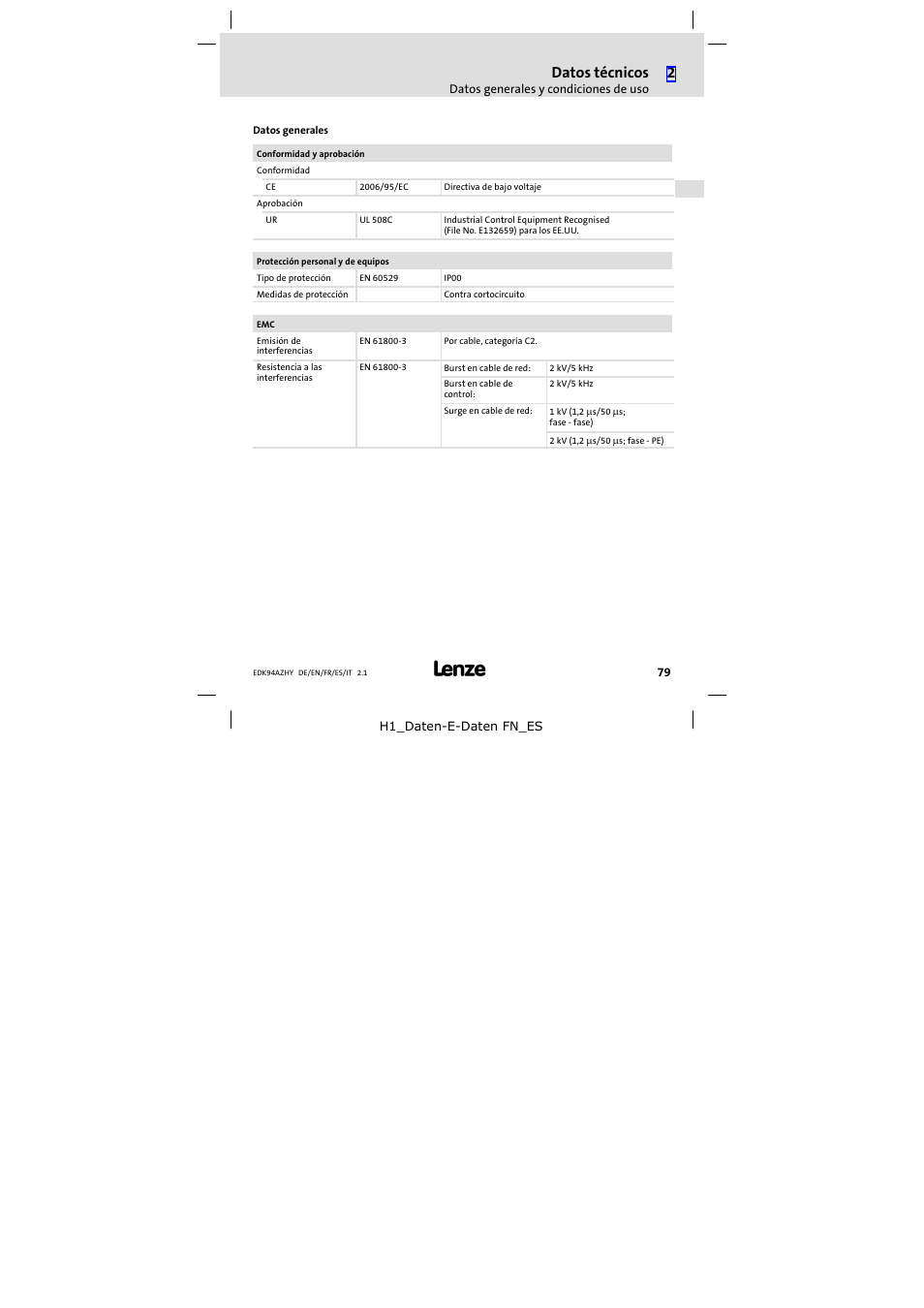 Datos técnicos | Lenze E94AZHY0101 User Manual | Page 79 / 114