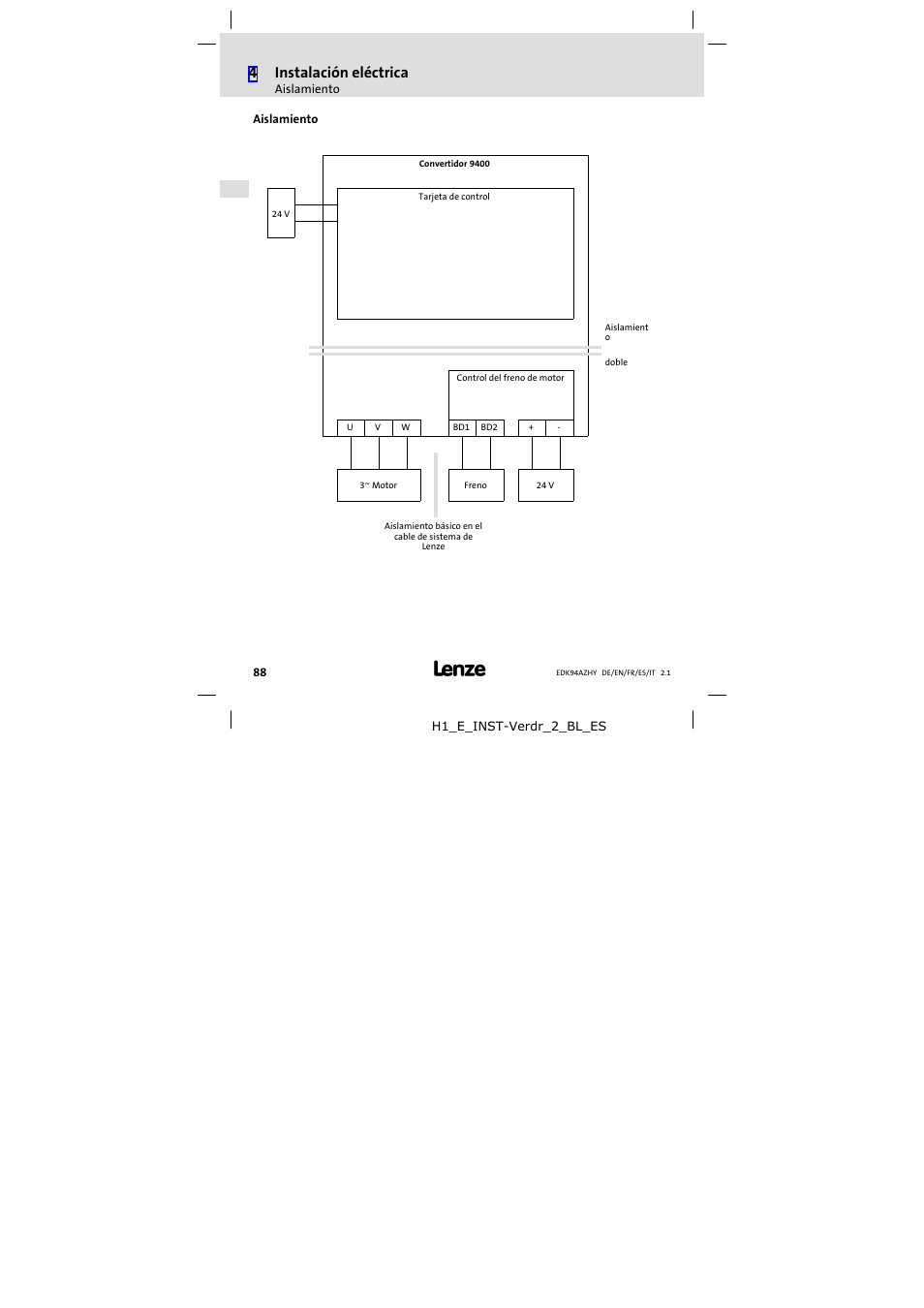 Aislamiento, Aislamiento 88, 4instalación eléctrica | Lenze E94AZHY0101 User Manual | Page 88 / 114