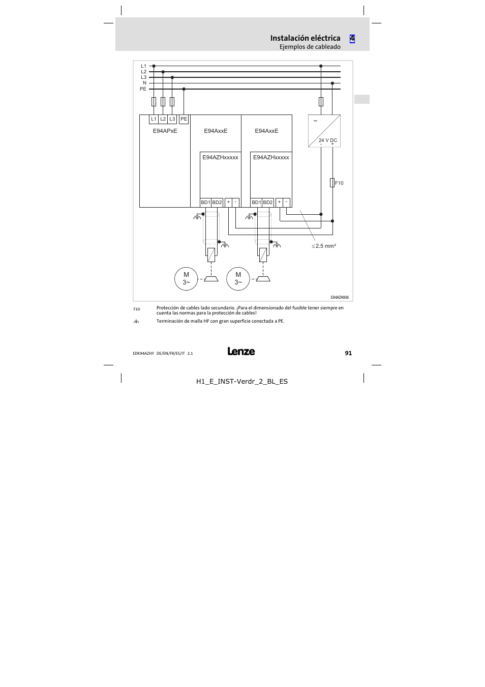 Instalación eléctrica | Lenze E94AZHY0101 User Manual | Page 91 / 114