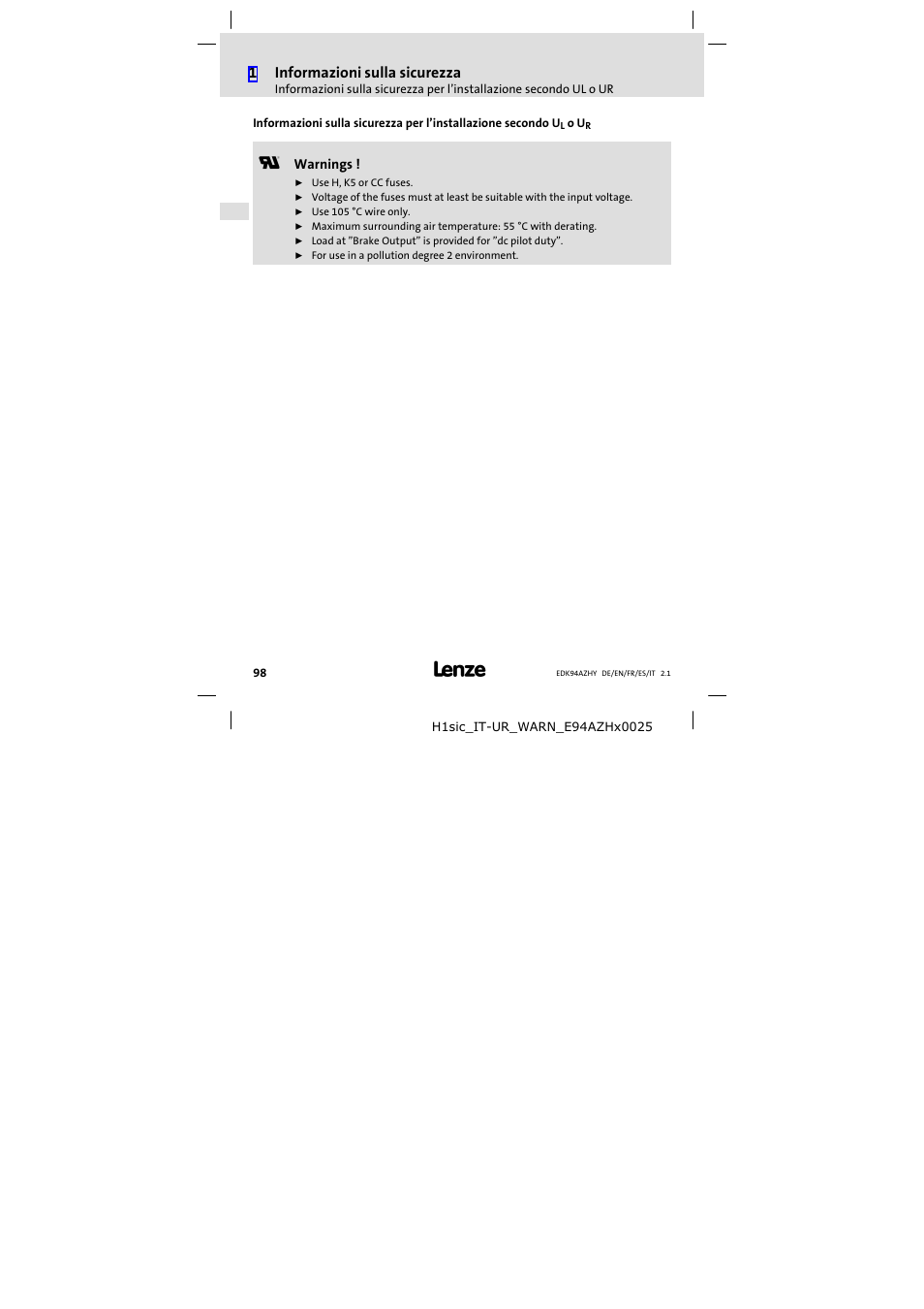 1informazioni sulla sicurezza | Lenze E94AZHY0101 User Manual | Page 98 / 114