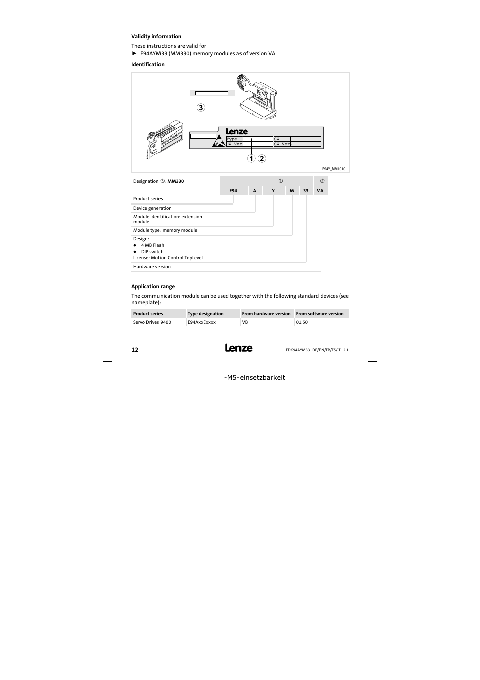 Validity information | Lenze E94AYM33 User Manual | Page 12 / 34