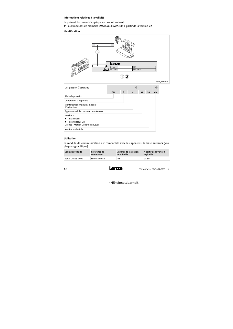 Informations relatives à la validité | Lenze E94AYM33 User Manual | Page 18 / 34