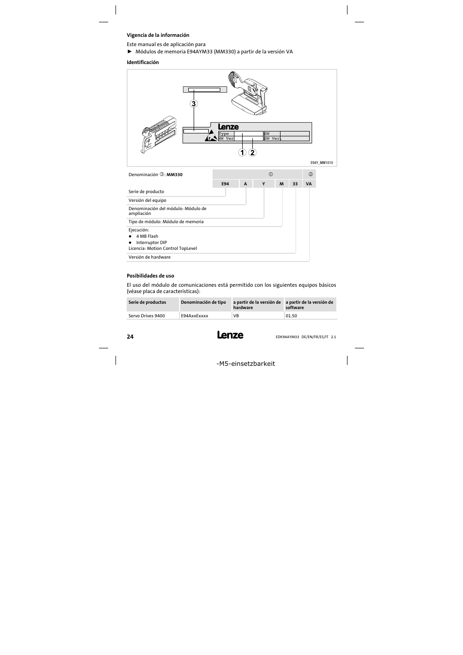 Vigencia de la información | Lenze E94AYM33 User Manual | Page 24 / 34