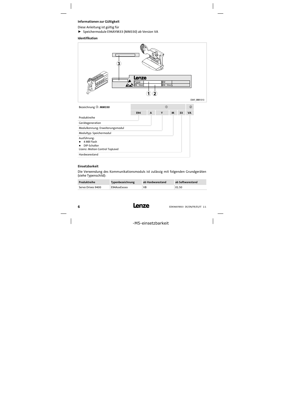 Informationen zur gültigkeit | Lenze E94AYM33 User Manual | Page 6 / 34