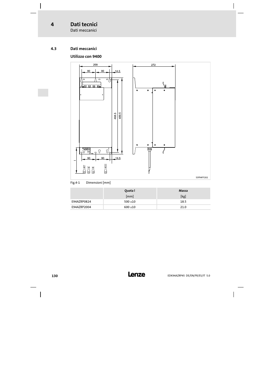 3 dati meccanici, Dati meccanici, Dati tecnici | Lenze E94AZRP0824 User Manual | Page 130 / 148