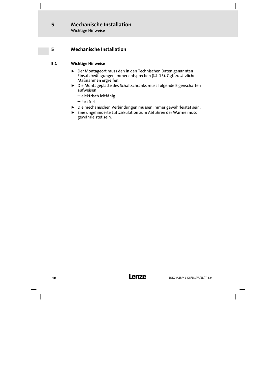 5 mechanische installation, 1 wichtige hinweise, Mechanische installation | Wichtige hinweise | Lenze E94AZRP0824 User Manual | Page 18 / 148