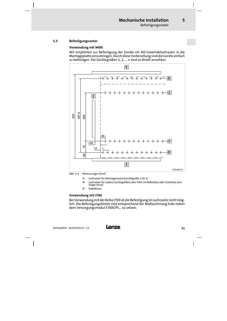 3 befestigungsraster, Befestigungsraster, Mechanische installation | Lenze E94AZRP0824 User Manual | Page 21 / 148