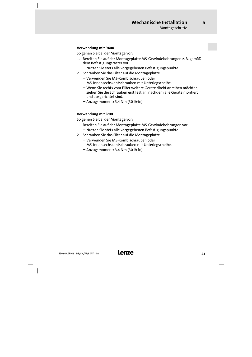 Mechanische installation | Lenze E94AZRP0824 User Manual | Page 23 / 148