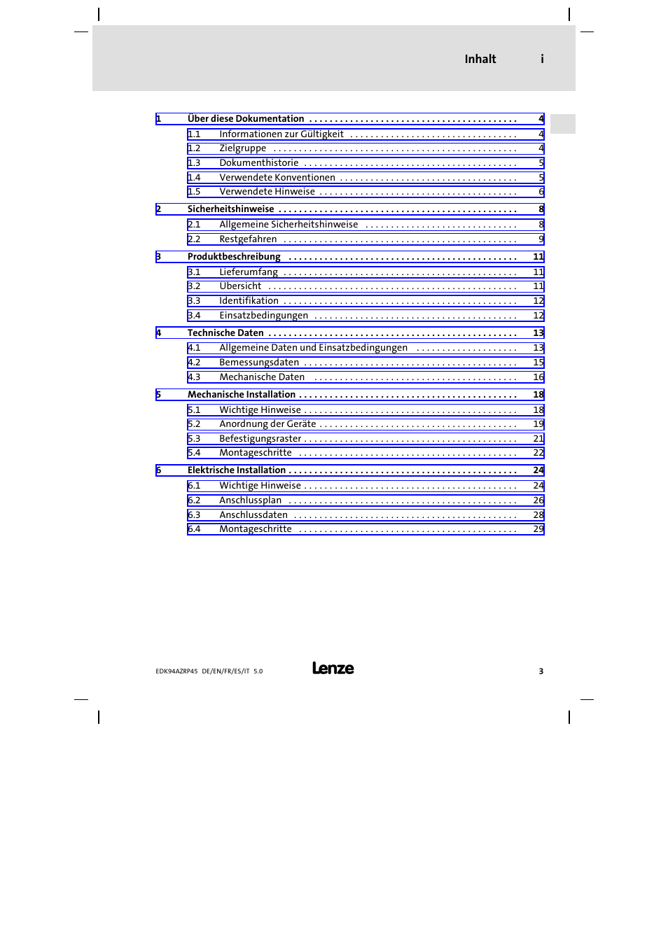 Inhalt | Lenze E94AZRP0824 User Manual | Page 3 / 148