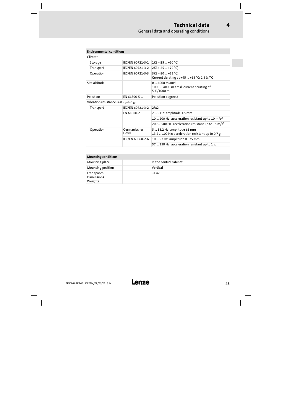 Technical data | Lenze E94AZRP0824 User Manual | Page 43 / 148
