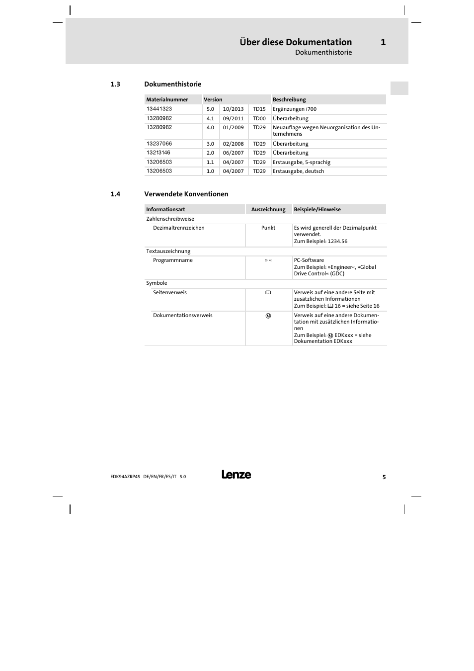 3 dokumenthistorie, 4 verwendete konventionen, Dokumenthistorie | Verwendete konventionen, Über diese dokumentation | Lenze E94AZRP0824 User Manual | Page 5 / 148